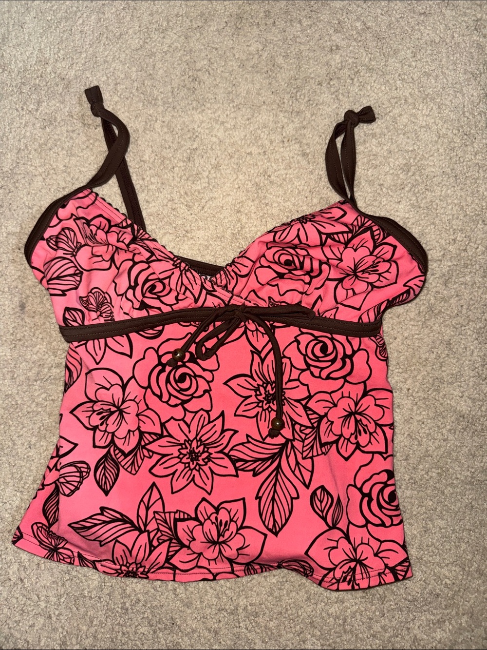 Pink Floral Tankini Top with Brown Trim